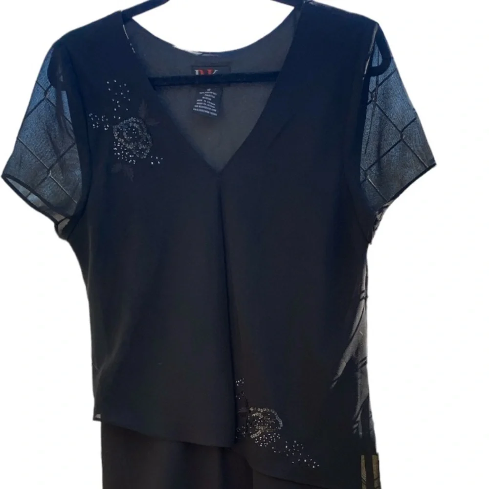 R & K Originals Black Chiffon Dress Sz 12 Short Sleeve Round Neck Sequin Accent - Picture 8 of 12